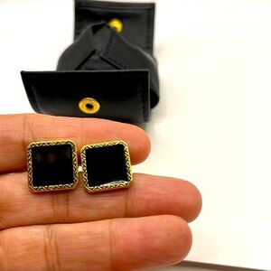 Cuffllinks ROUNDTREE & YORKE Black Square Gold Tone leather Travel case Gift set